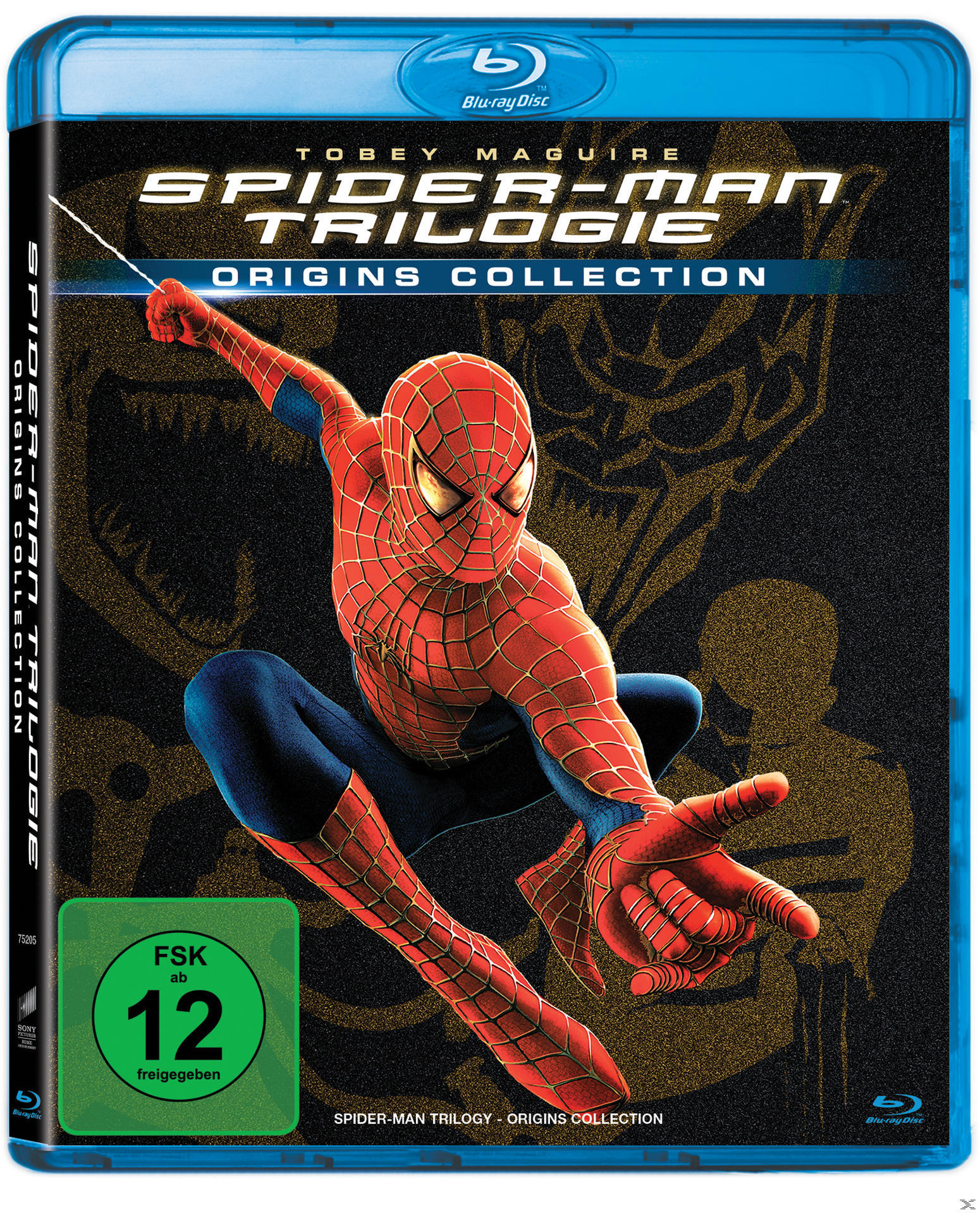 Blu-ray-Box: Spider-Man Trilogie. Spider-Man in Actionpose, rot-blauer Anzug. Goldener Hintergrund.