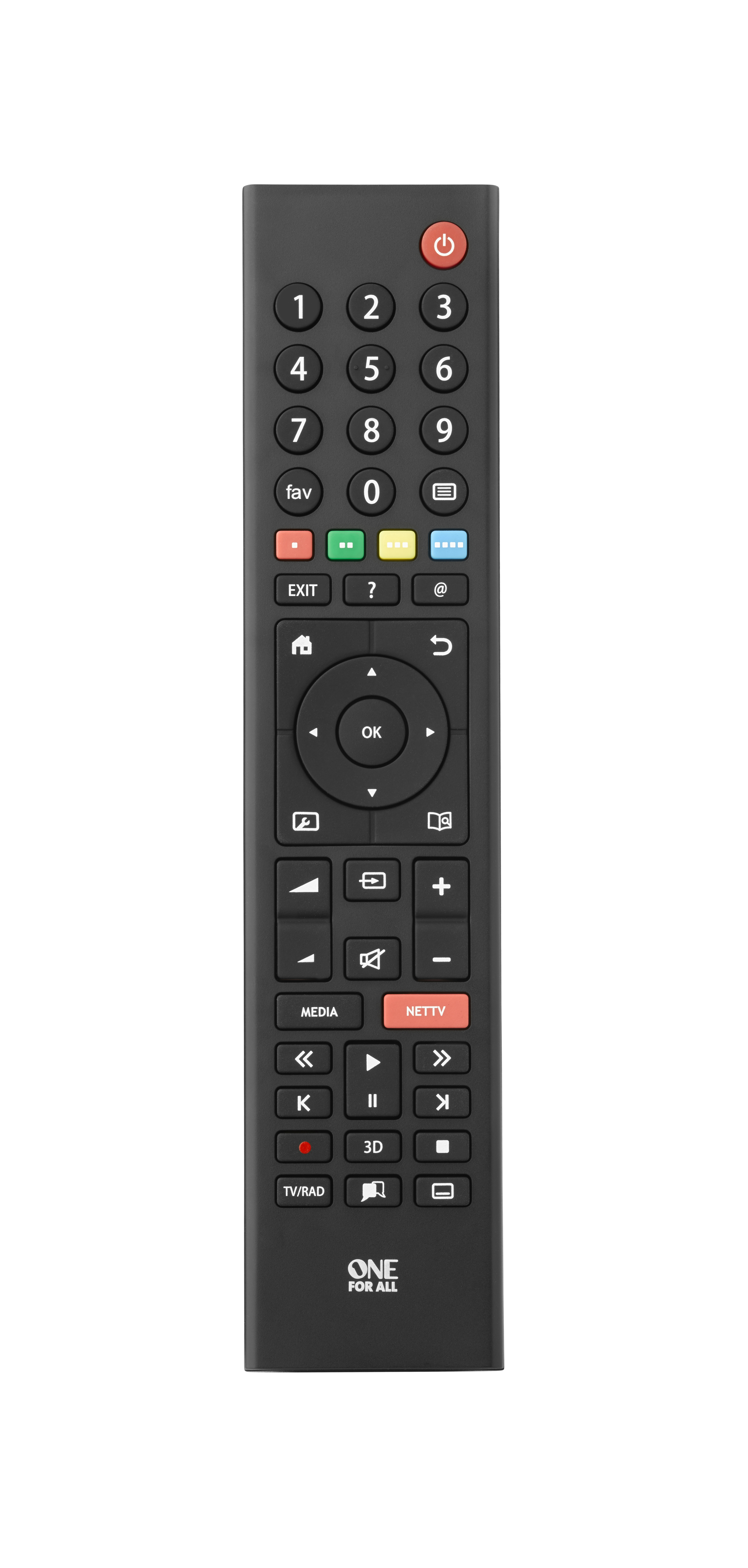 Eine schwarze TV-Fernbedienung mit verschiedenen Tasten. Die Marke 'ONE FOR ALL' ist sichtbar.