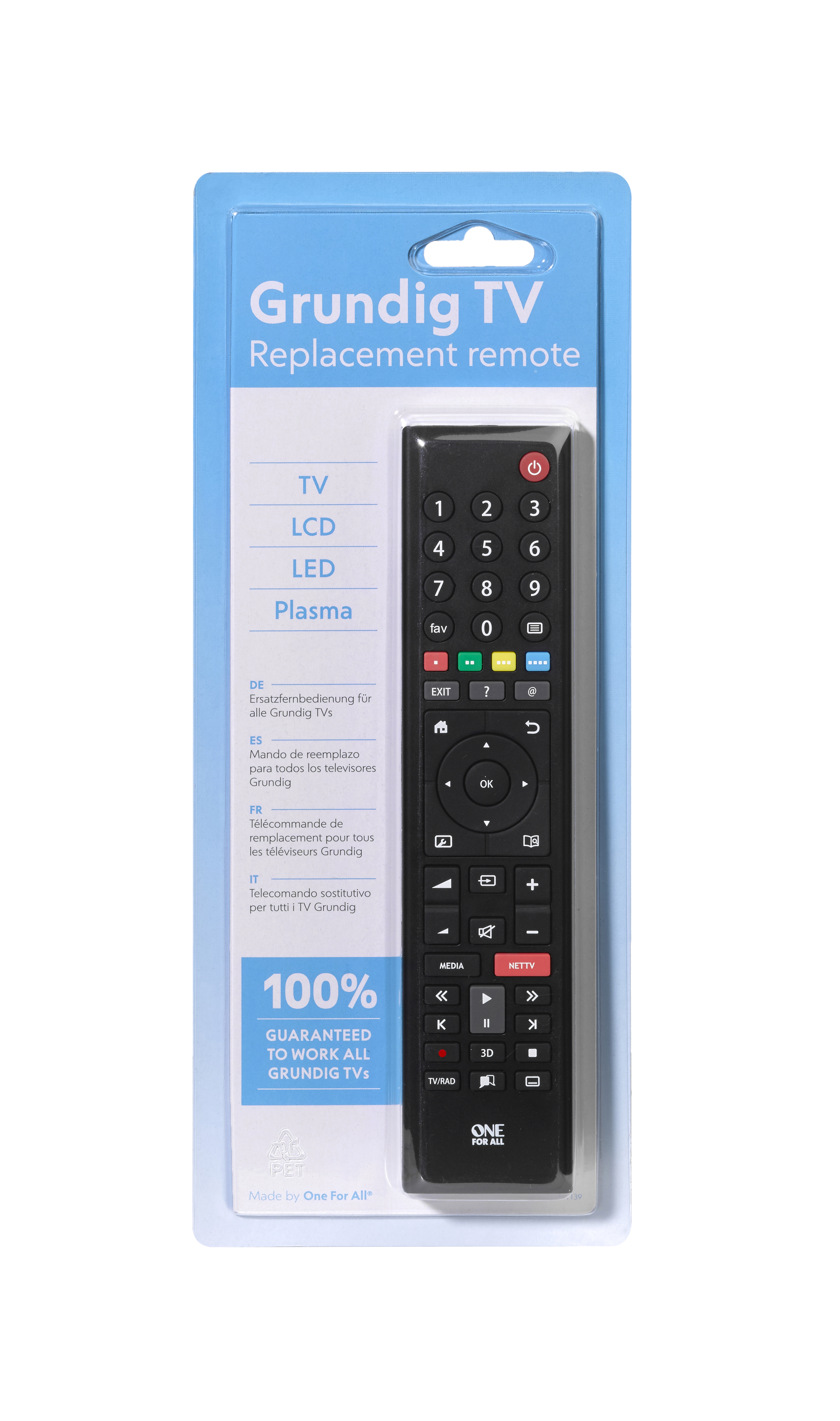 Schwarze Grundig TV-Fernbedienung auf einer Kunststoffverpackung. Knöpfe und Text sichtbar.