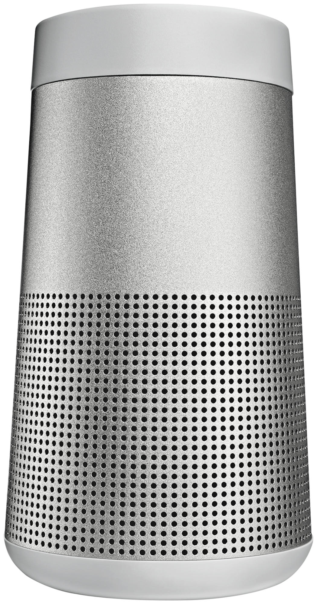 Un altavoz plateado y gris con parte superior e inferior blancas. El altavoz tiene agujeros negros.