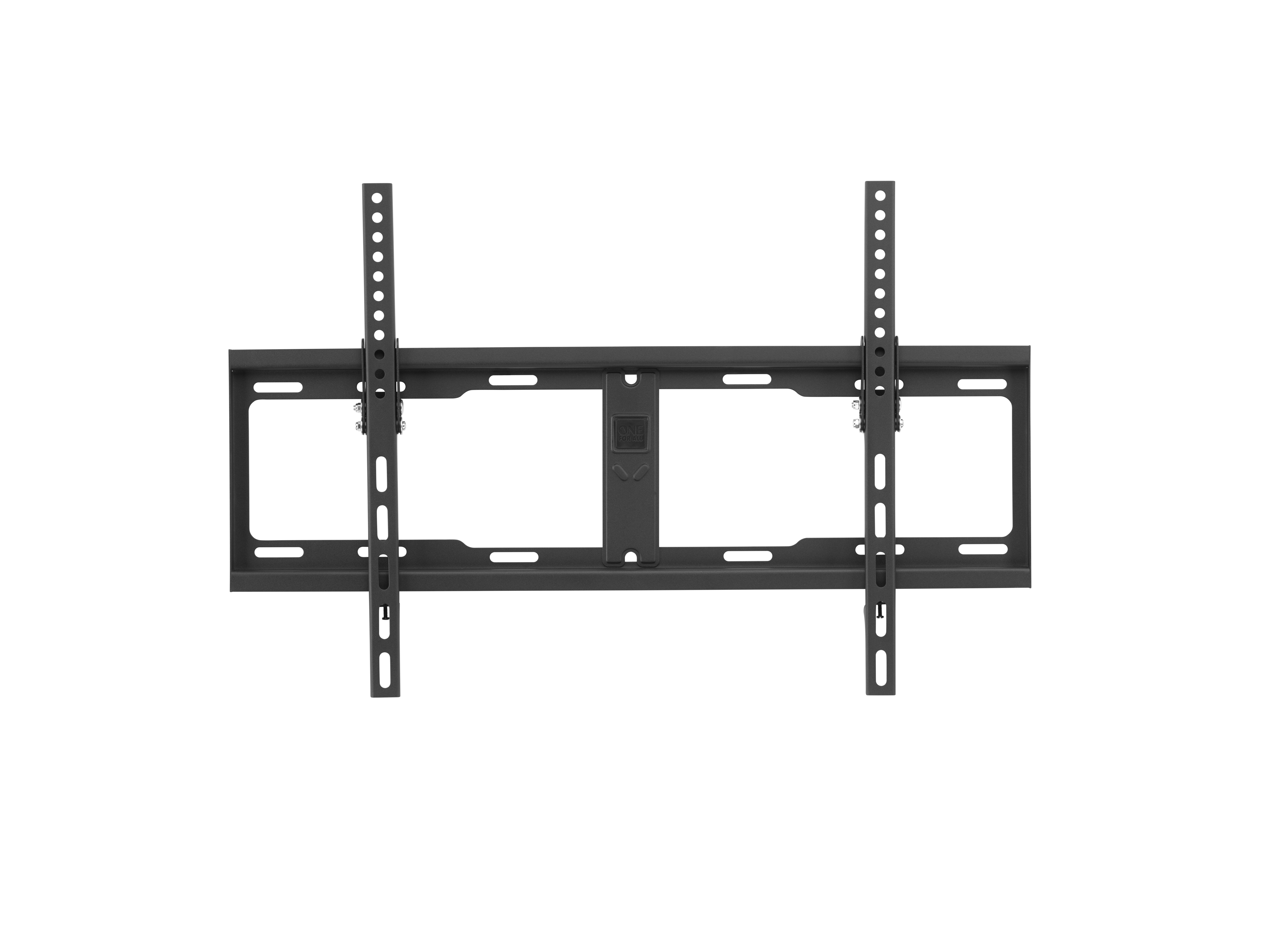 Un support mural TV noir sur fond blanc. Deux barres verticales et un support central.