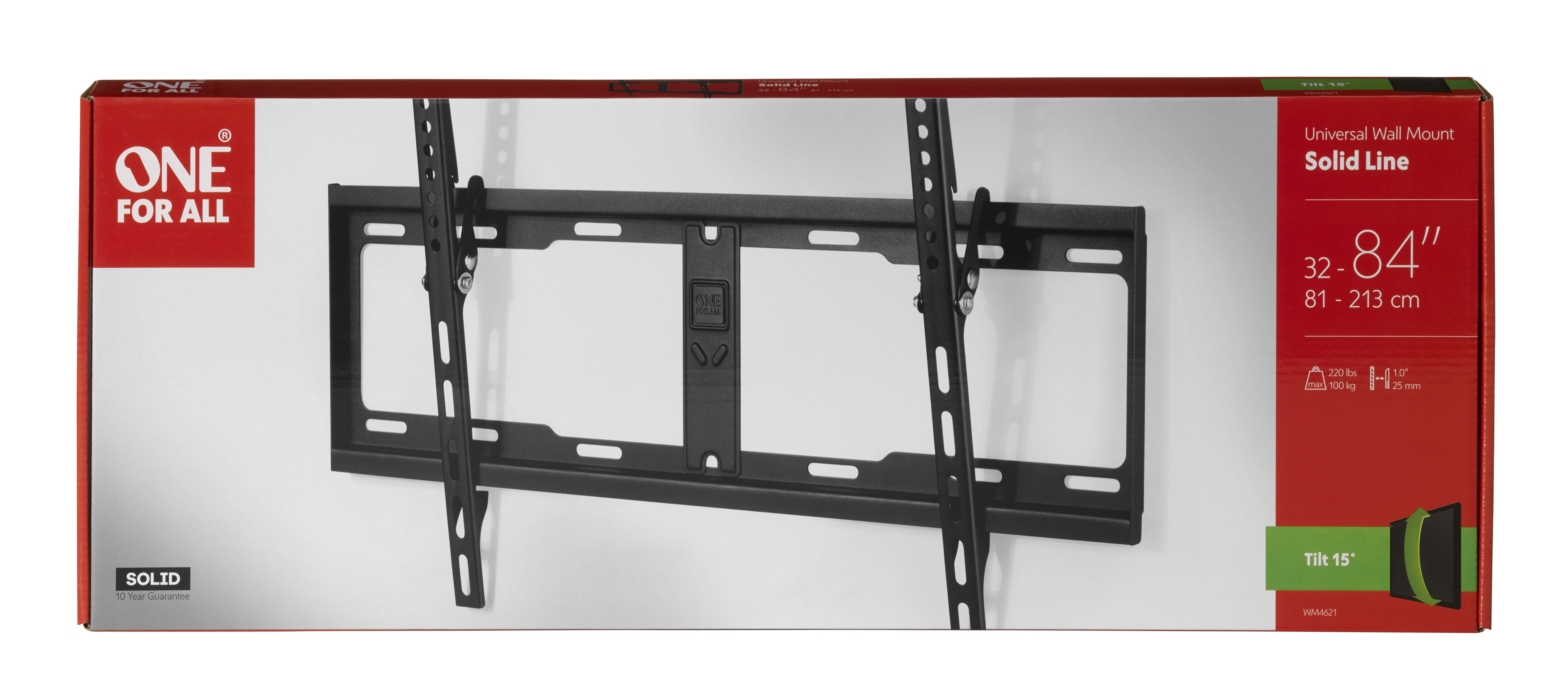 Un support mural TV noir dans sa boîte, avec le nom du produit et ses caractéristiques.