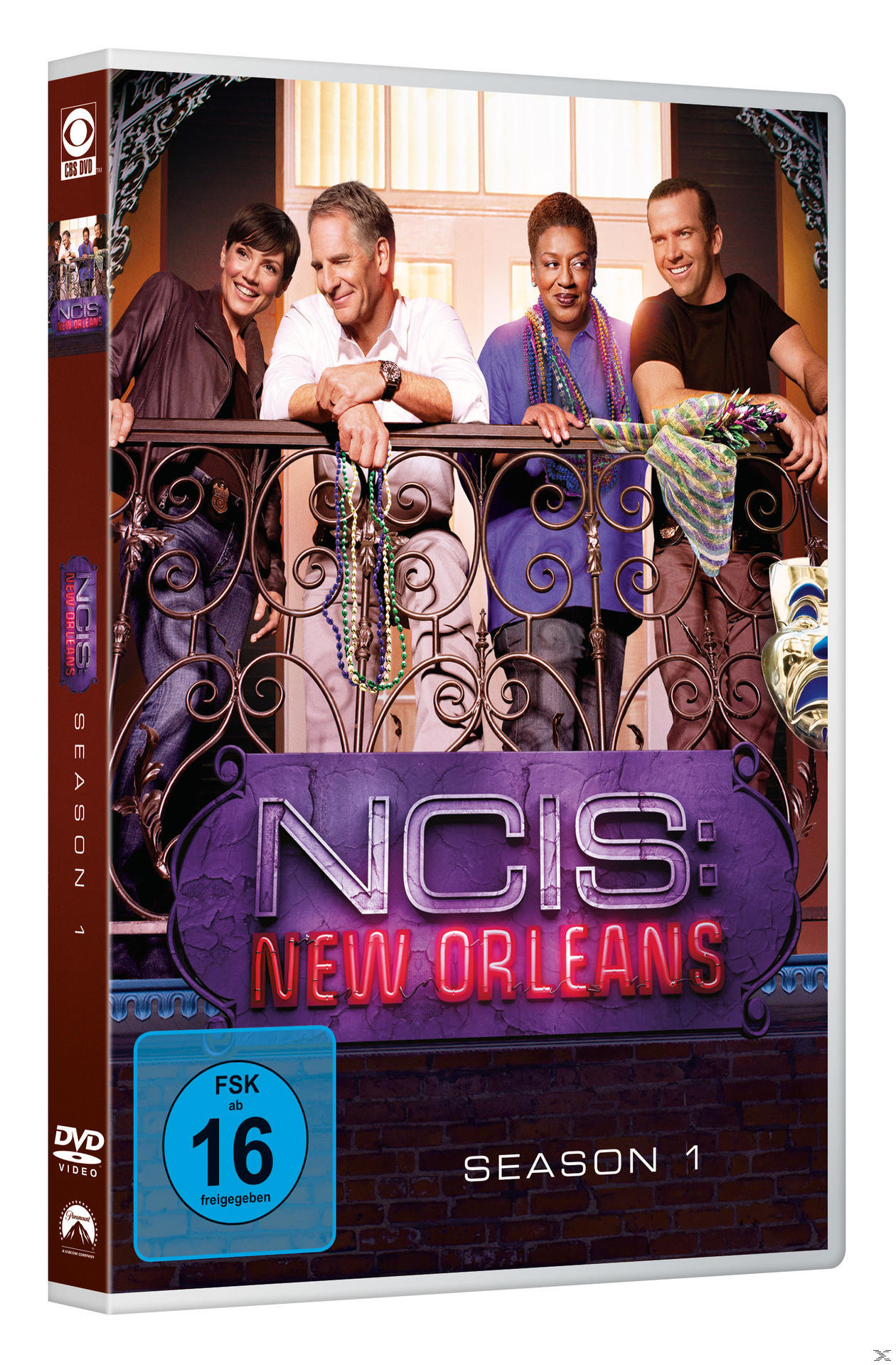 NCIS: New Orleans DVD-Hülle mit Schauspielern auf dem Balkon, Staffel 1 und rotem Rand.