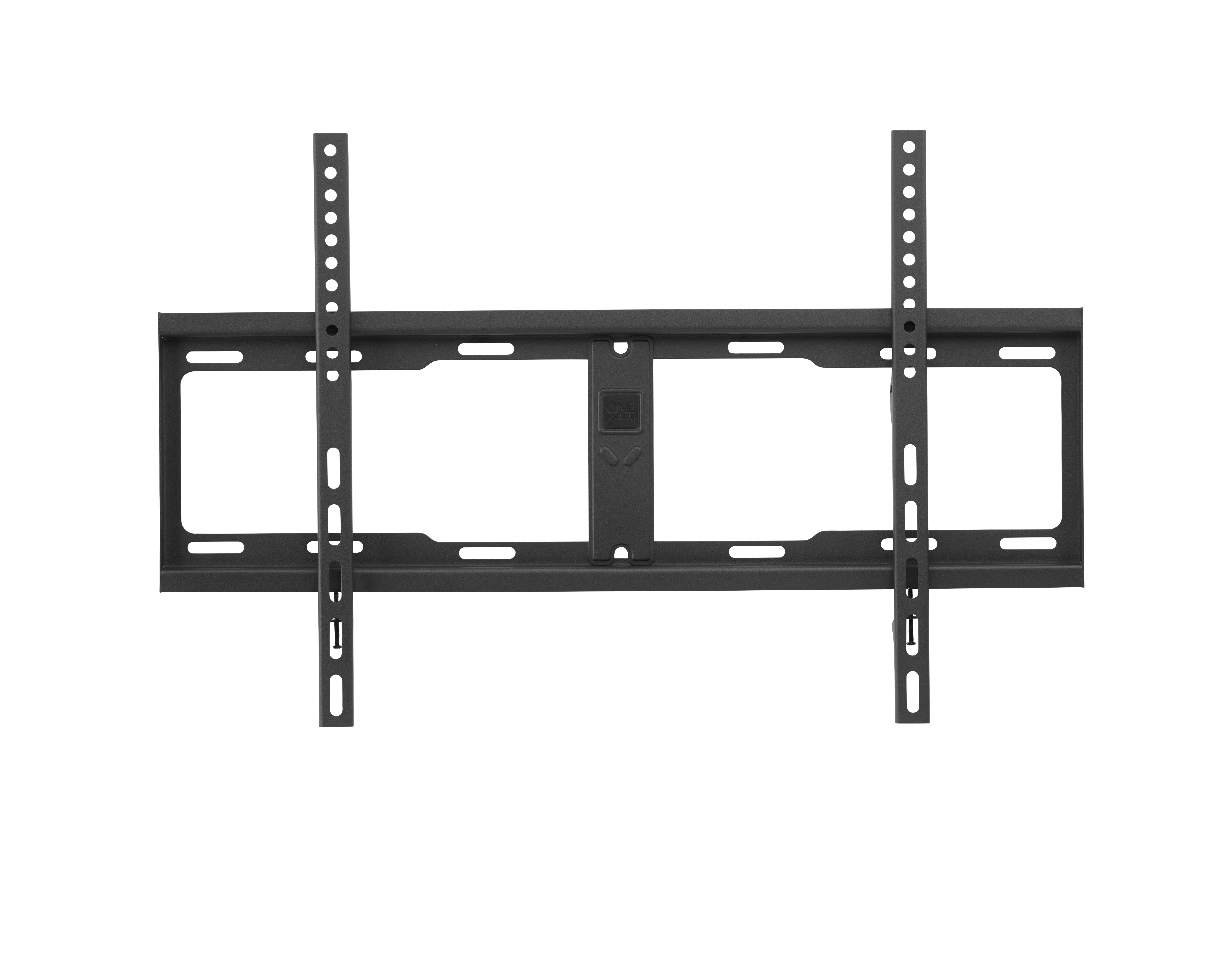 Support mural TV noir sur fond blanc. Deux rails verticaux sont visibles.