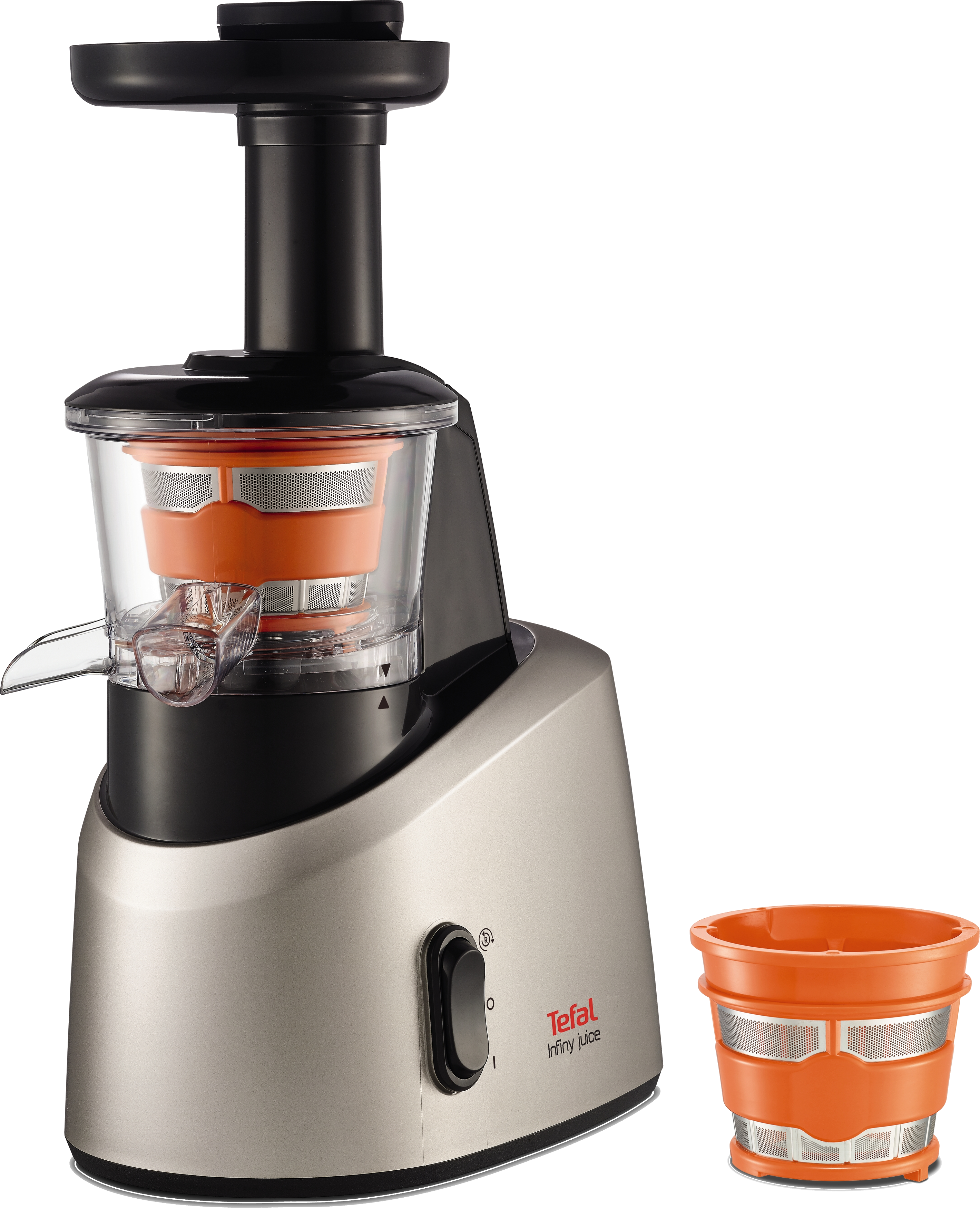 Egy ezüst Tefal gyümölcscentrifuga egy narancssárga péptartállyal mellette.