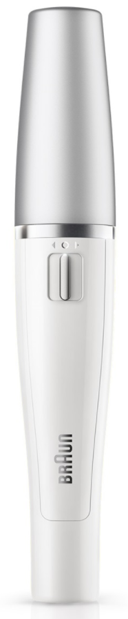 Une tondeuse à poils faciaux Braun blanche. Il a une pointe argentée et un bouton argenté sur le côté.