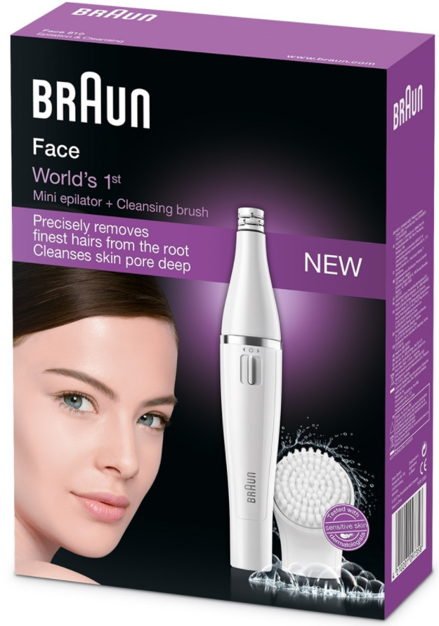 Boîte d'épilateur facial Braun avec visage de femme. Le produit est au centre.