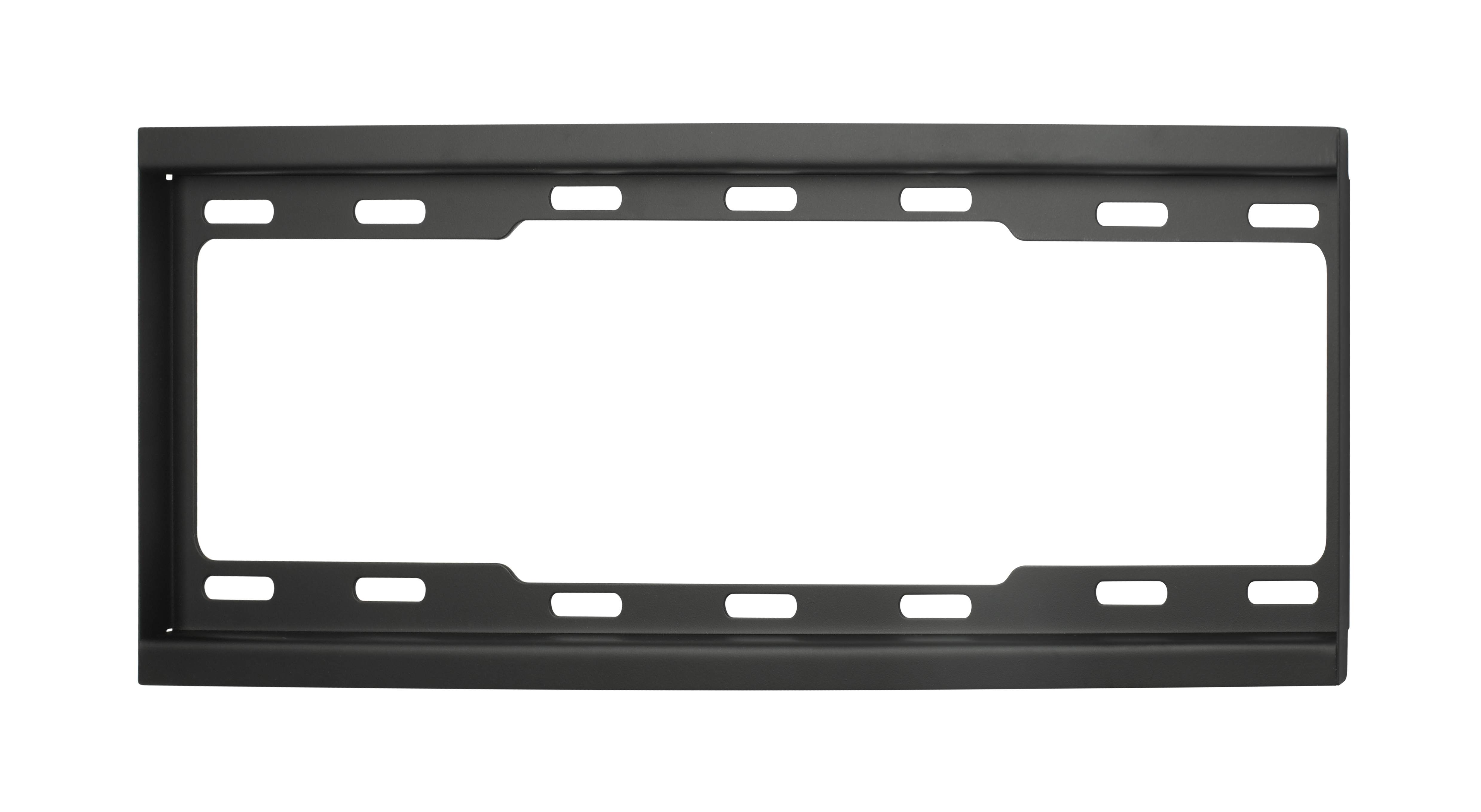 Support TV rectangulaire noir, avec une large ouverture, fond blanc.