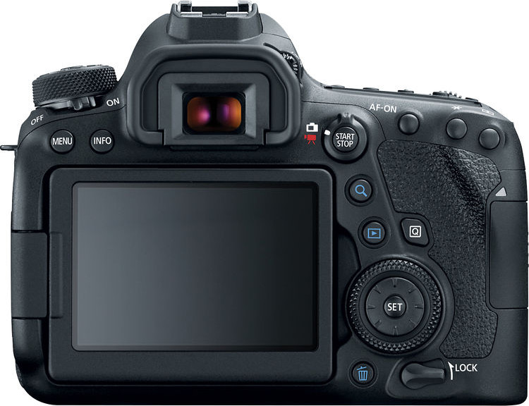 Egy fekete DSLR fényképezőgép hátulja képernyővel és gombokkal.