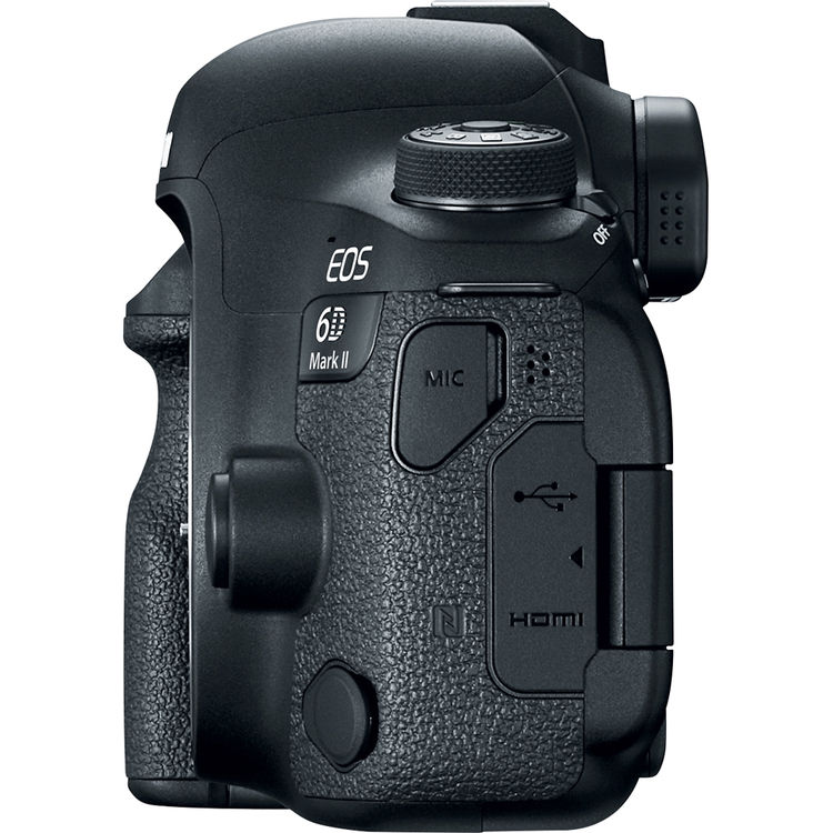 Fekete Canon kamera oldalsó nézete, gombok, tárcsák és jelölések láthatók. Az EOS 6 Mark II látható.