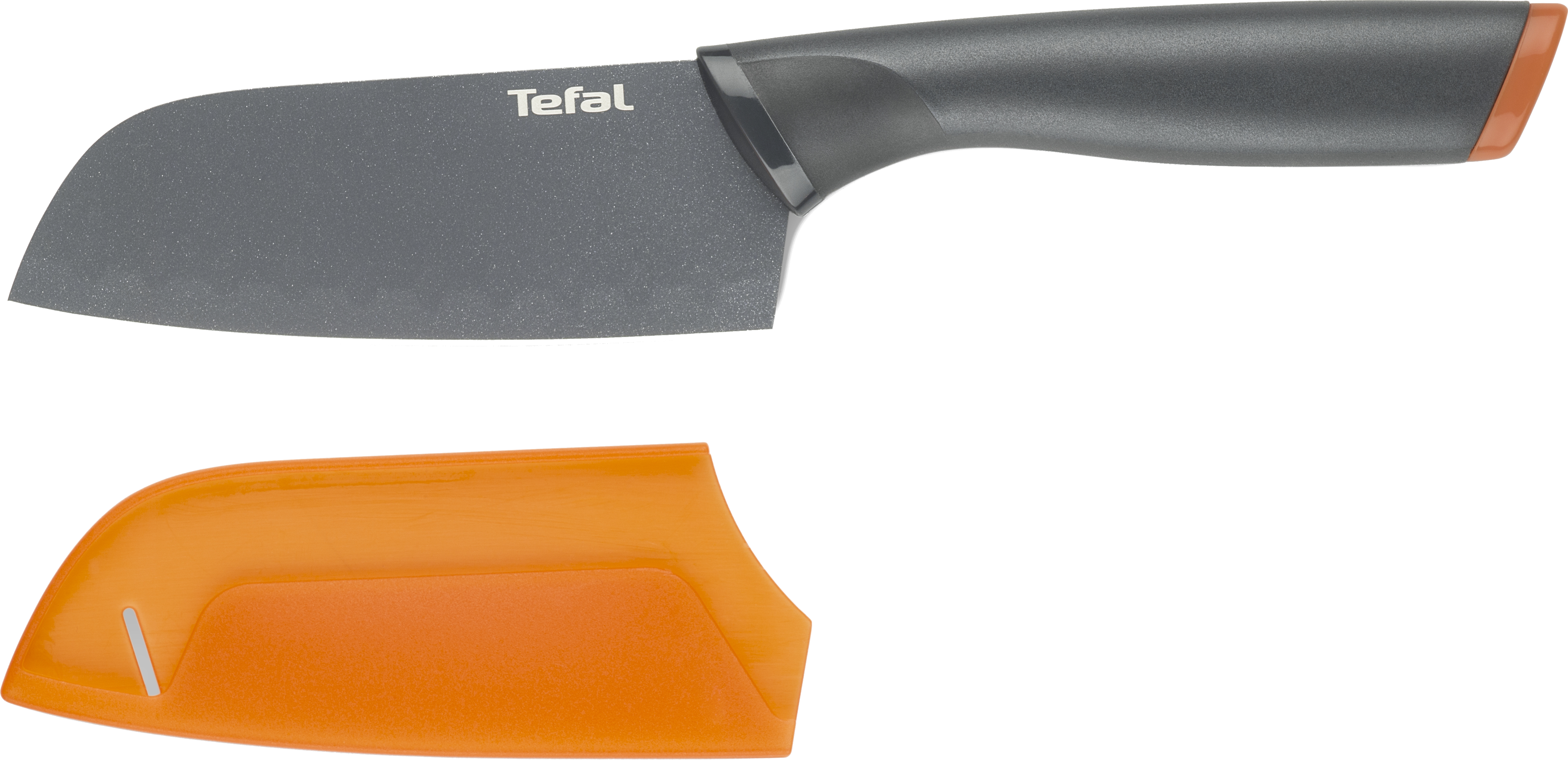 Fekete-szürke Tefal kés tokkal. Narancssárga díszítések.
