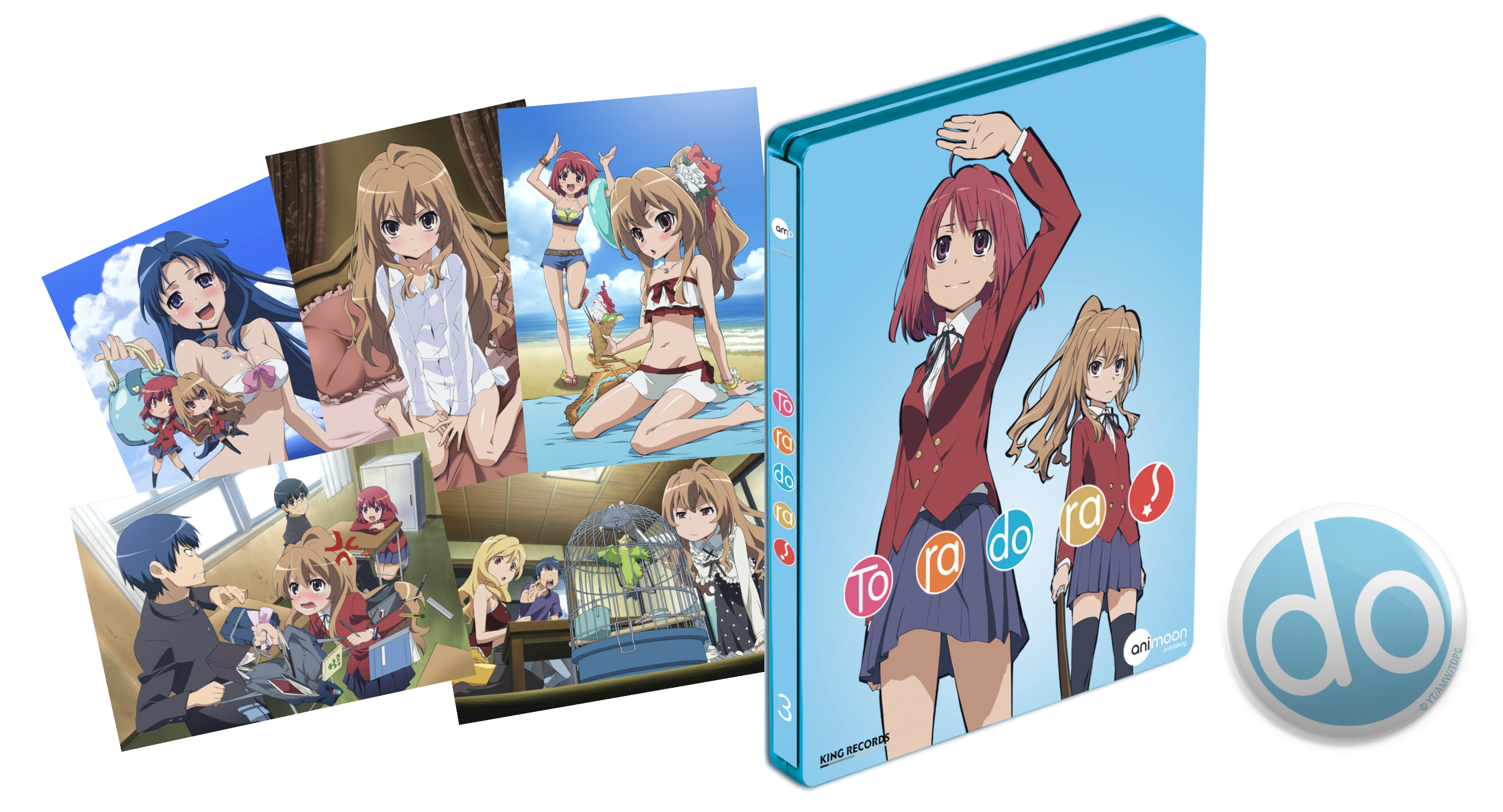 Anime-DVD-Cover mit Mädchen. Mehrere Bilder von Anime-Charakteren. Eine blaue DVD-Hülle mit zwei Mädchen auf der Vorderseite. Ein Do-Logo.