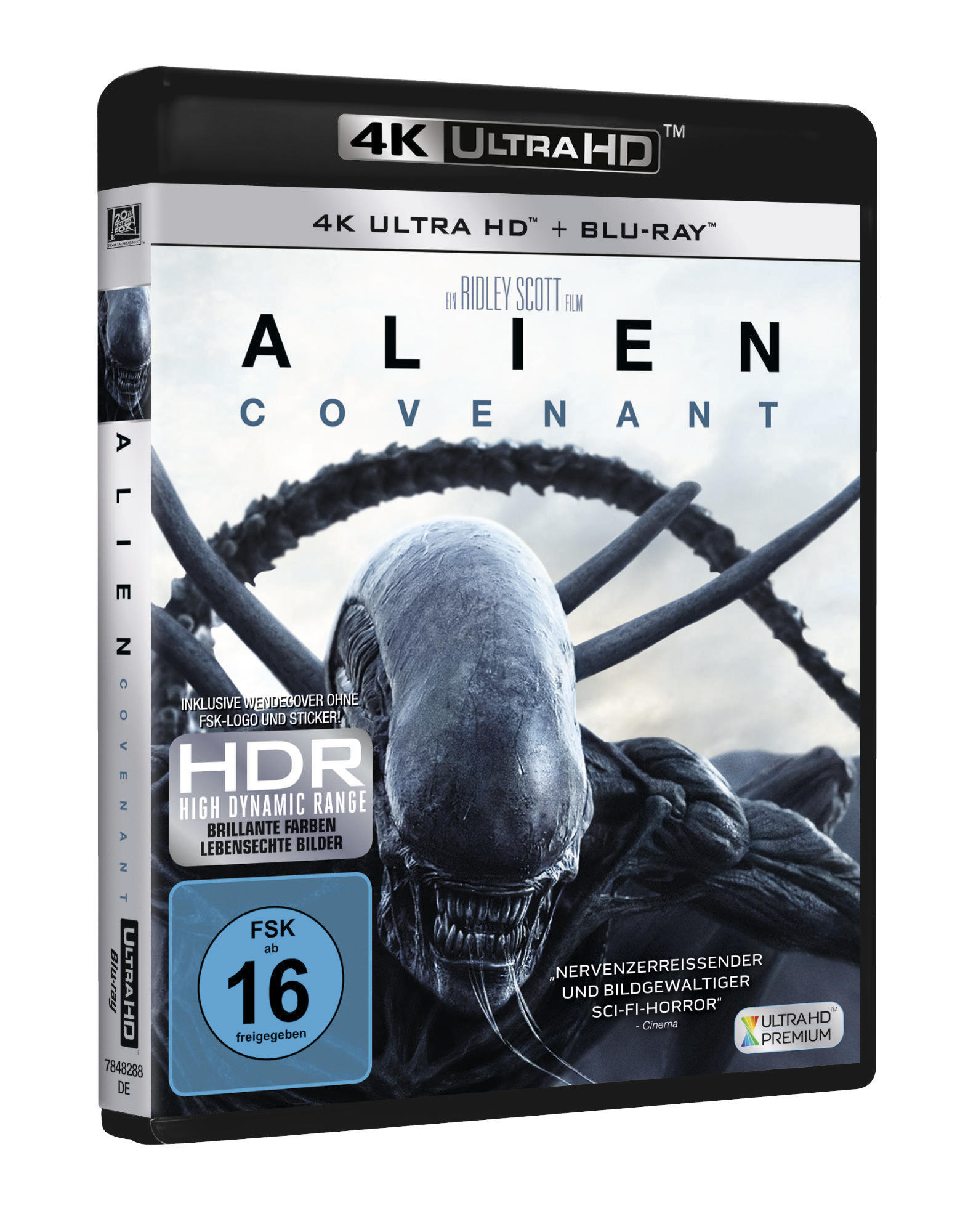 Filmhülle mit Alien-Gesicht. Schwarze Hülle mit Text Alien: Covenant in Weiß und Blau. 4K Ultra HD und Blu-ray.
