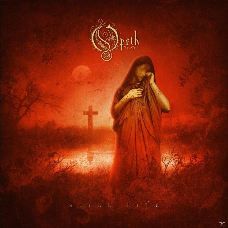 Albumcover. Rote Farbe. Frau in rotem Kleid, hält ein Tuch. Kreuz und See. Titel: Still Life. Band: Opeth.