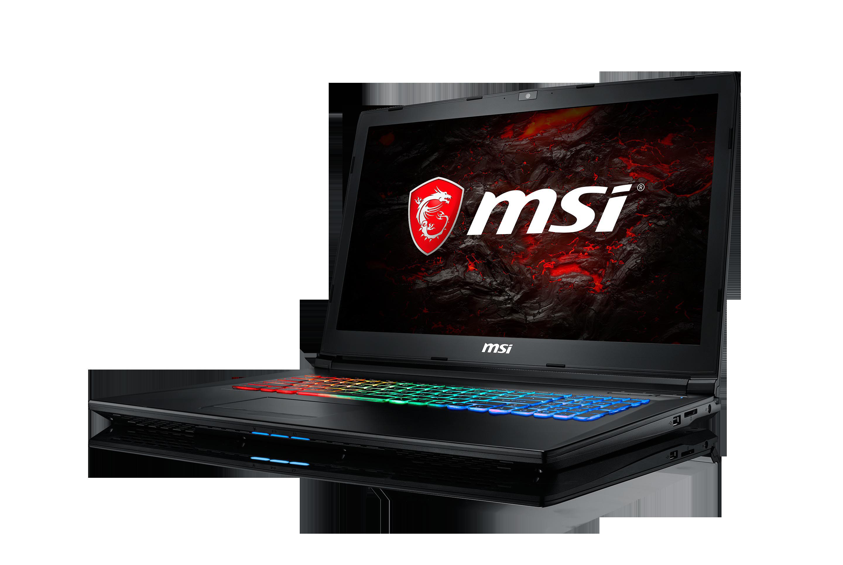 Schwarzer Gaming-Laptop mit rotem und schwarzem Hintergrund auf dem Bildschirm. Die Tastatur hat farbige Lichter.