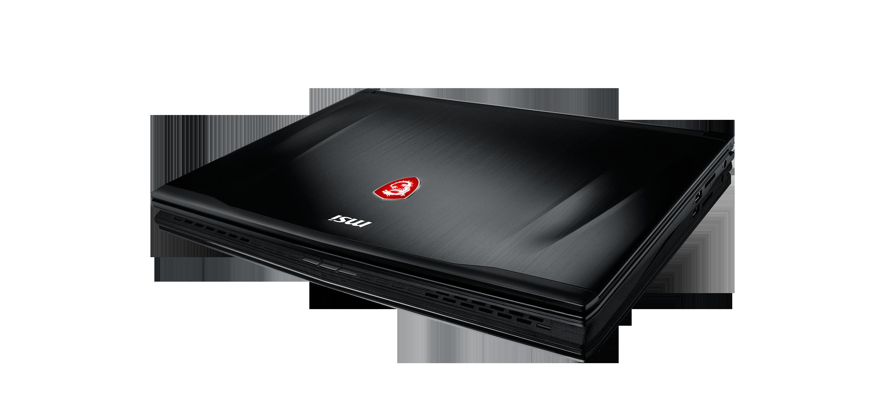 Schwarzer MSI Gaming-Laptop mit rotem Logo auf dem Deckel.