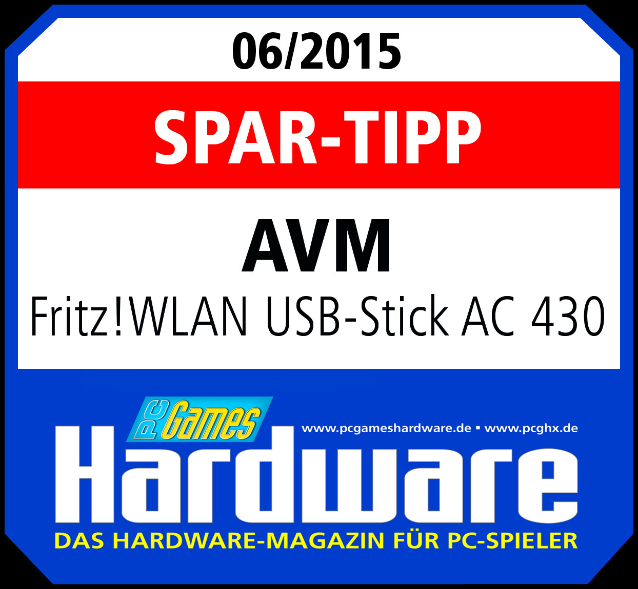 Blaues und rotes Award mit Text: SPAR-TIPP, AVM, Fritz!WLAN USB-Stick AC 430. Ein Games Hardware Logo.