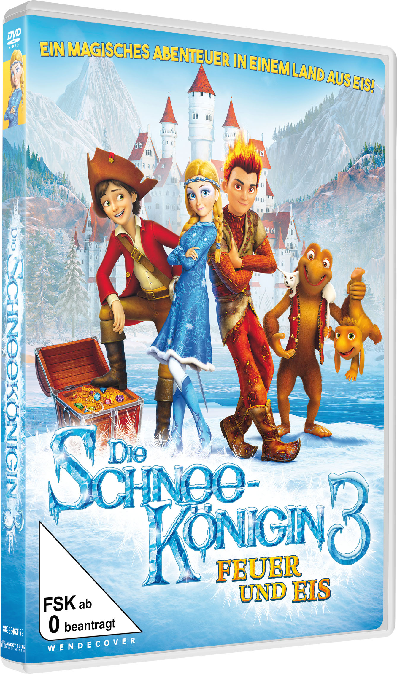 DVD-Hülle von 'Die Schneekönigin 3', mit animierten Charakteren und verschneitem Hintergrund.