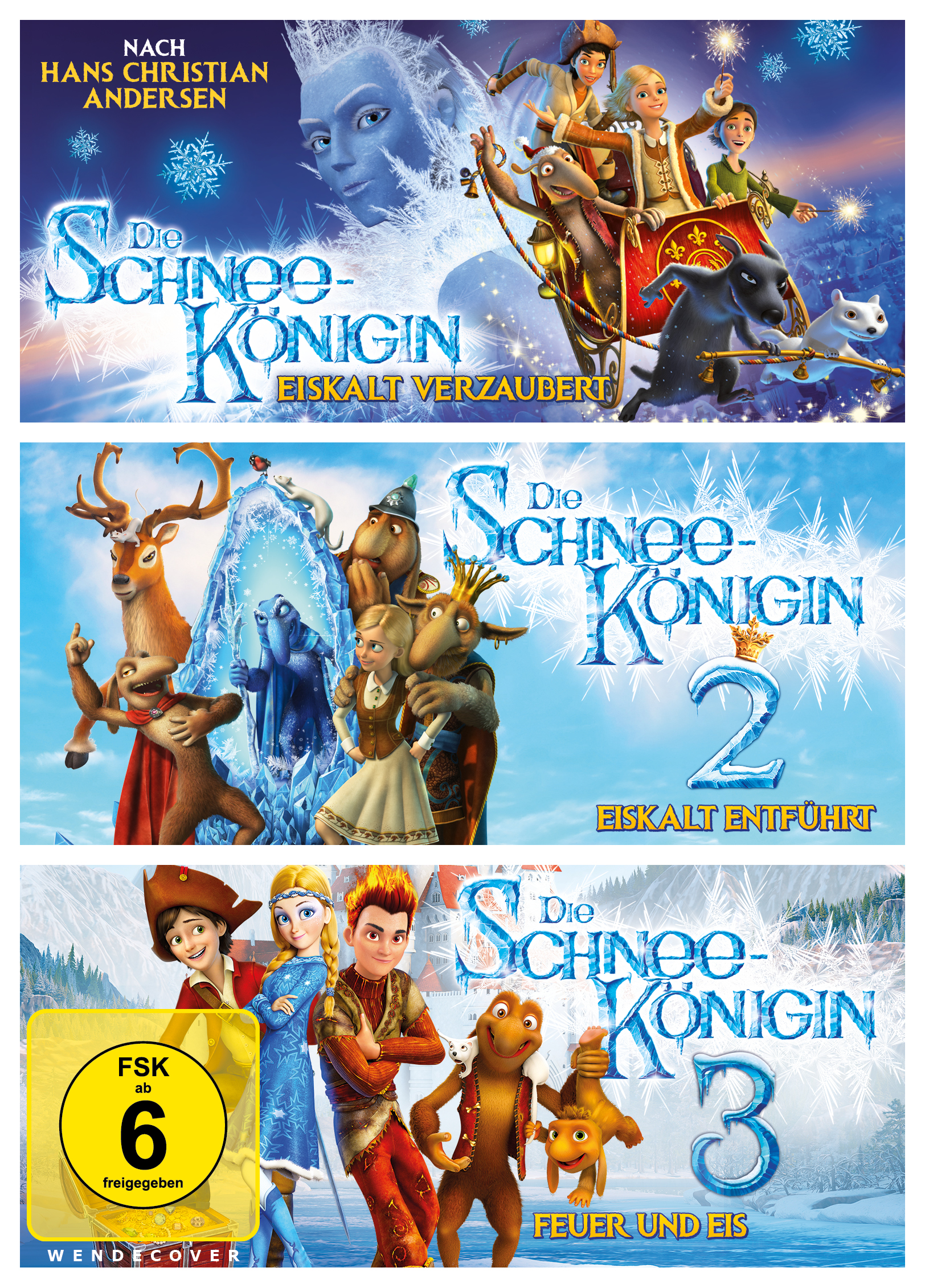 Drei DVD-Cover von "Die Schnee-Königin" mit animierten Figuren und verschneiten Szenen.