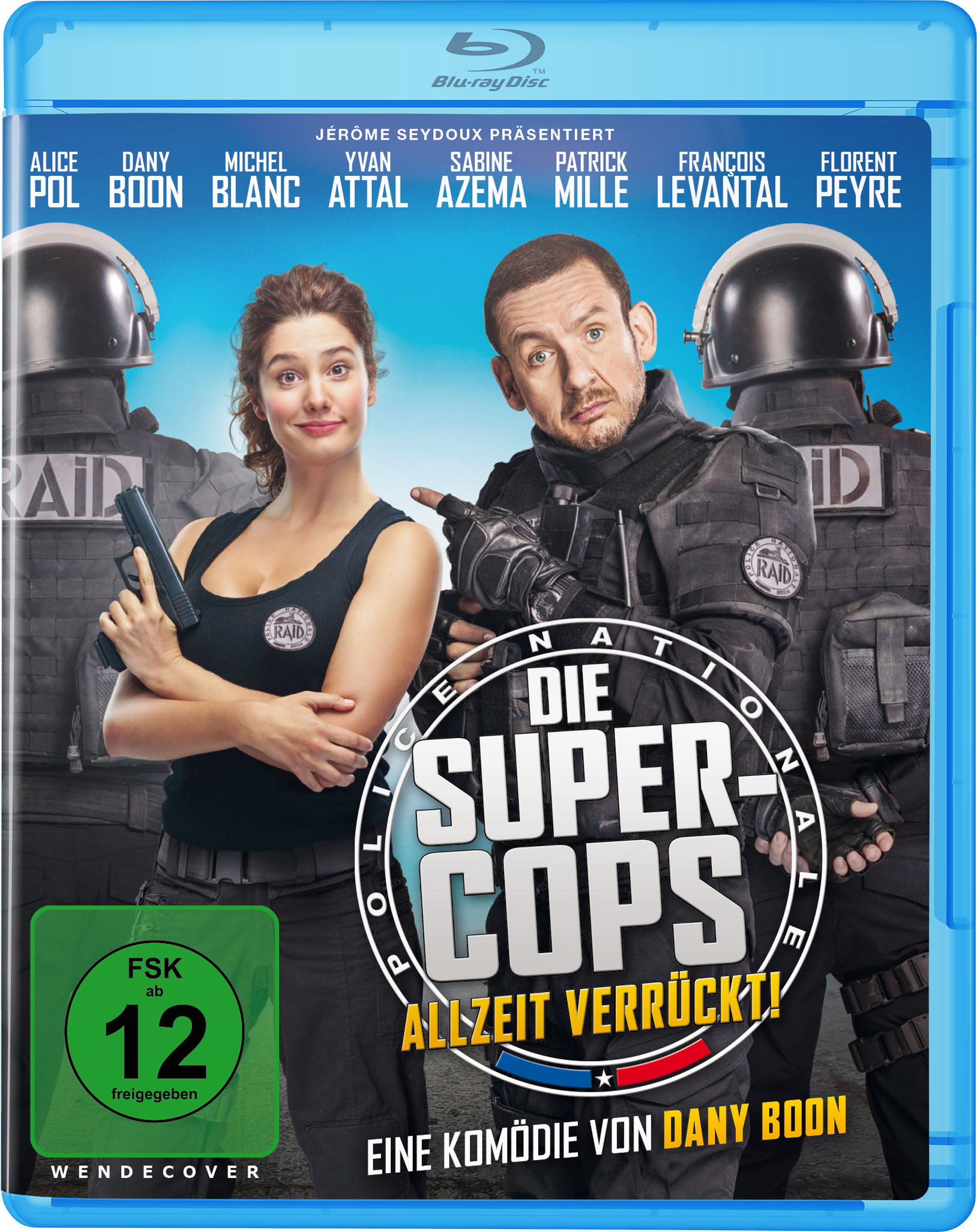 Filmcover: 'Die Supercops'. Personen in Polizeiuniform, Text und blaue DVD-Hülle.