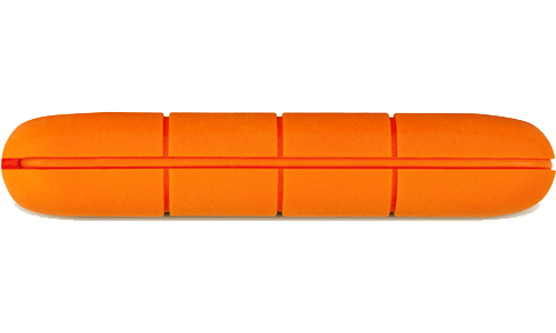 Een oranje externe harde schijf op een witte achtergrond.