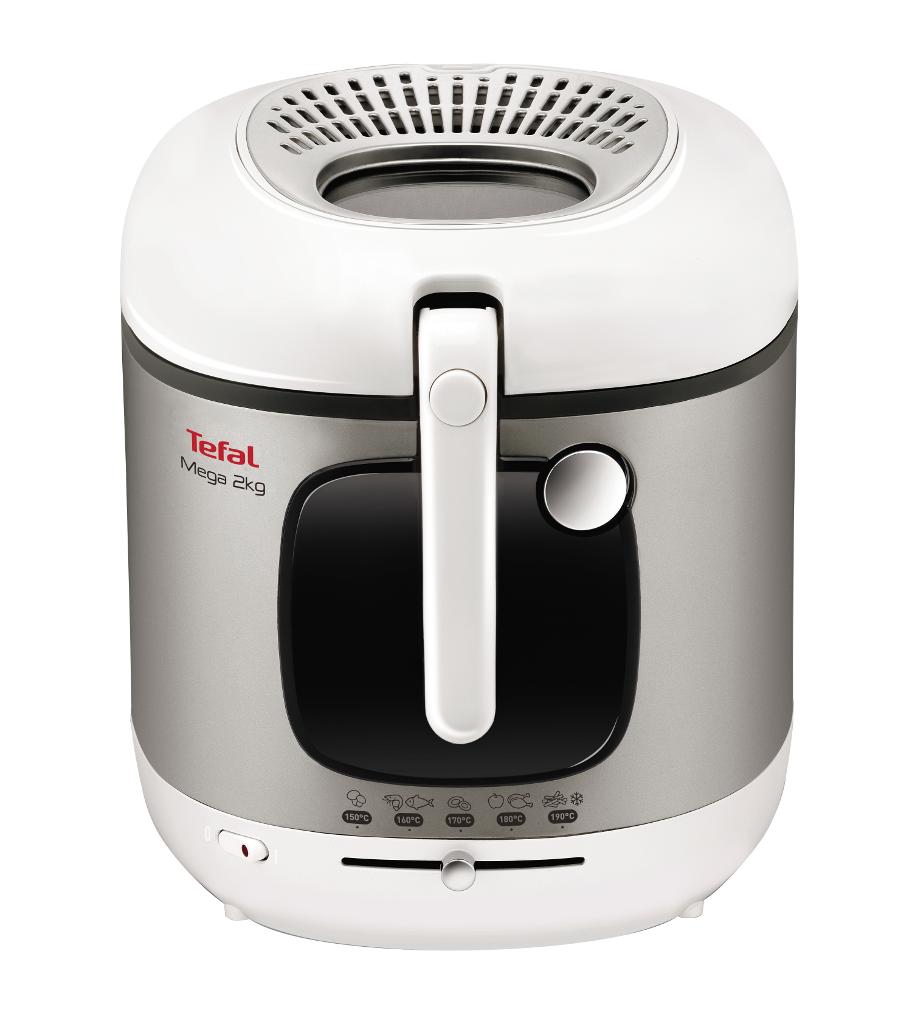 Fehér-ezüst Tefal Mega 2kg olajsütő. Fogantyúval és hőmérséklet-beállításokkal rendelkezik.