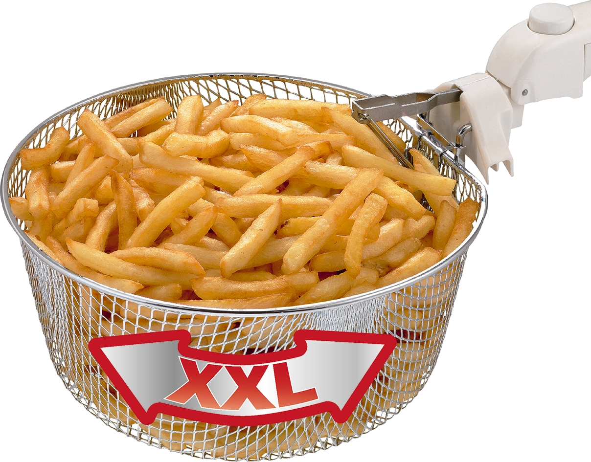 Egy fémkosár tele arany sült krumplival, egy piros XXL felirattal.