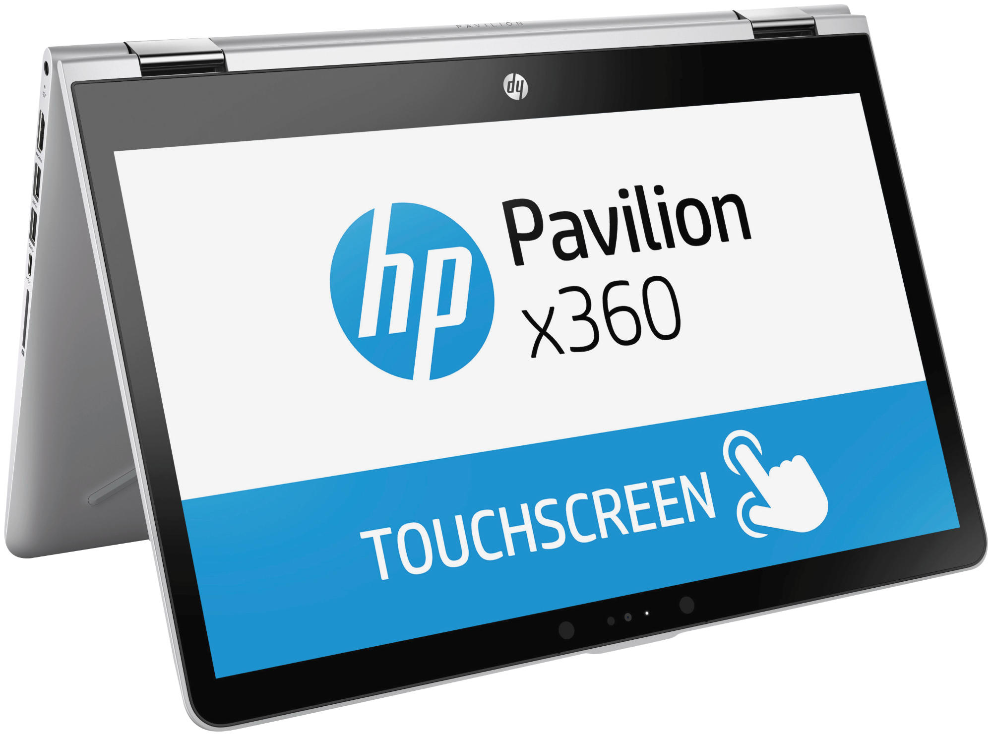 Silberner HP Pavilion x360 Laptop mit Touchscreen und weißem Display, auf dem das HP-Logo zu sehen ist.