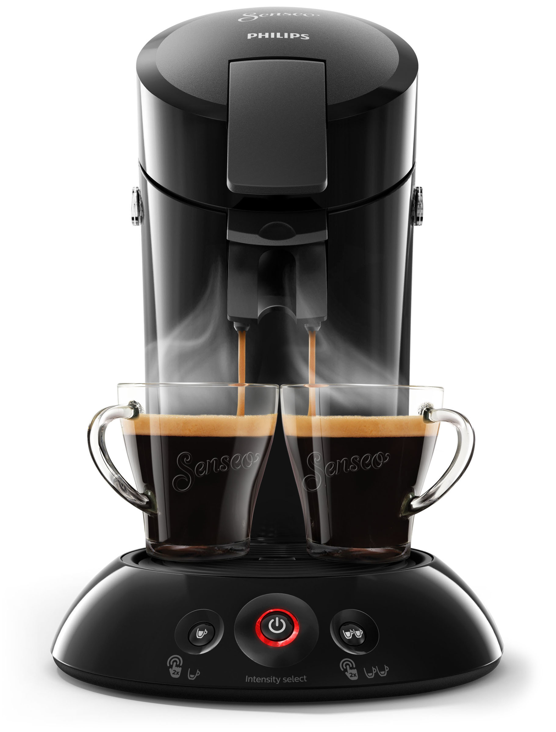 Schwarze Kaffeemaschine mit zwei Gläsern, die Kaffee ausschenkt, mit Dampf und Bedienknöpfen.
