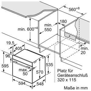 Schema eines Einbauofens mit Abmessungen in mm.