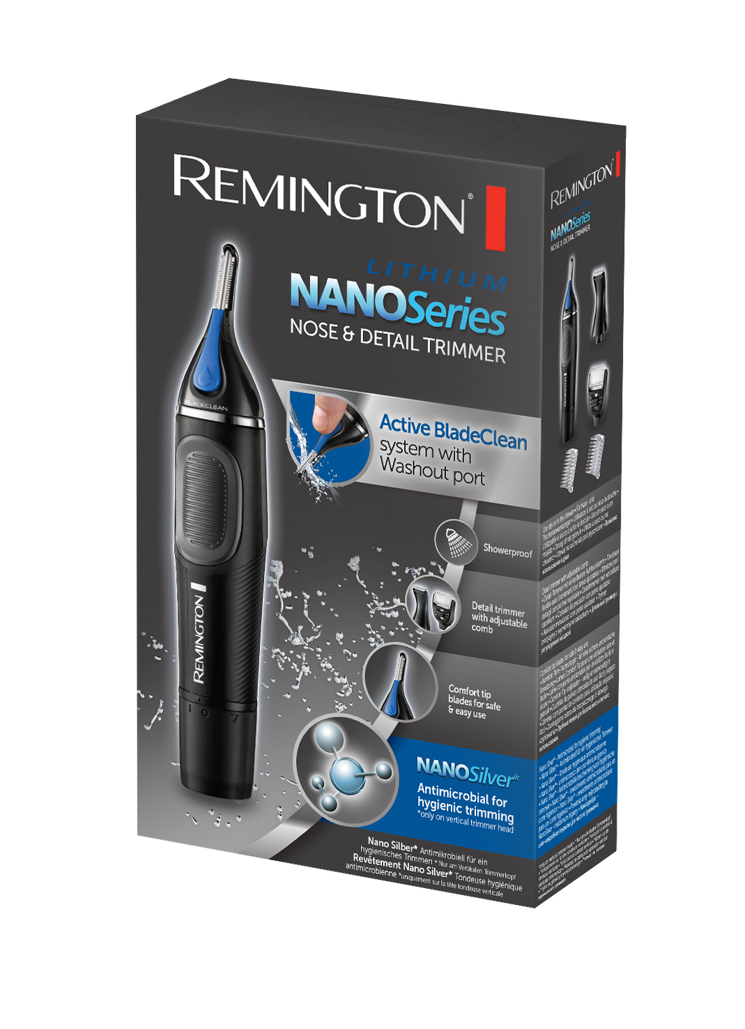 Schwarzer und blauer Remington Nasen- und Detailtrimmer mit Box, weißer Hintergrund.