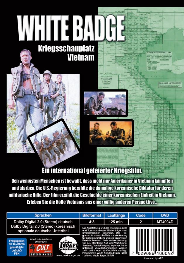 Filmposter für White Badge; Soldaten in Vietnam. Drei Inset-Bilder von Soldaten in Aktion und eine Karte.