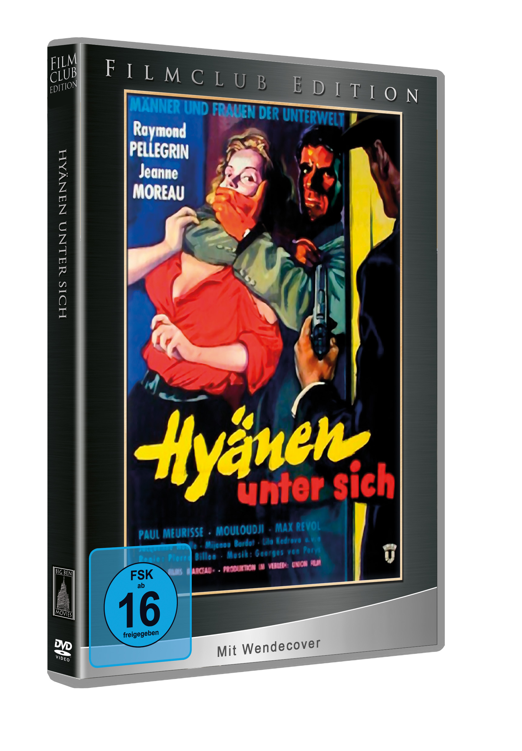 Ein Filmplakat: Eine Frau wird festgehalten, ein Mann zielt mit einer Waffe. Titel: Hyänen unter sich.