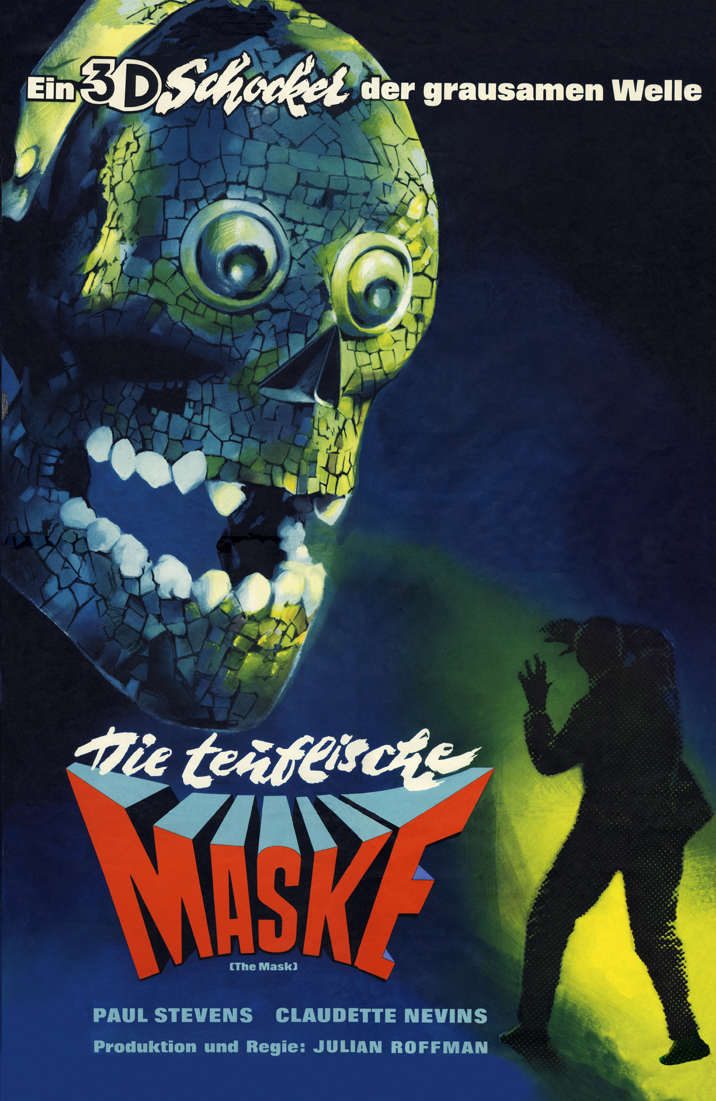 Filmposter mit einer Totenkopfmaske und einer Figur im Anzug, die vor einer Figur flieht.