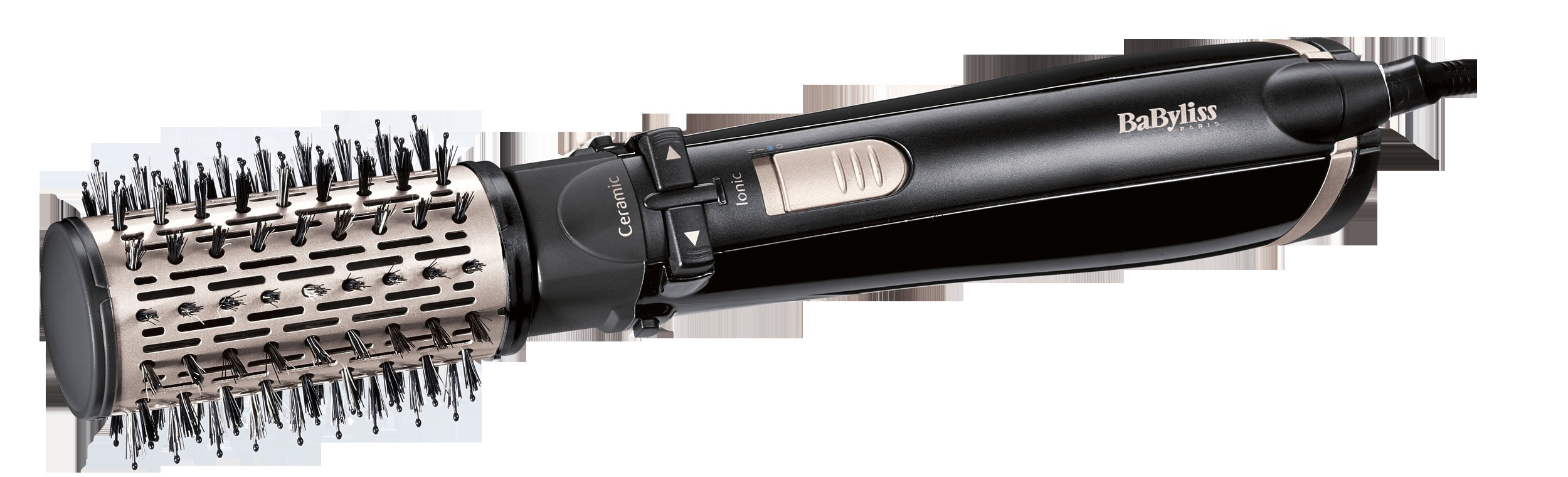 Schwarzer und goldener Babyliss Haarstyler. Er hat einen Bürstenkopf und verschiedene Einstellungen. Weißer Hintergrund.