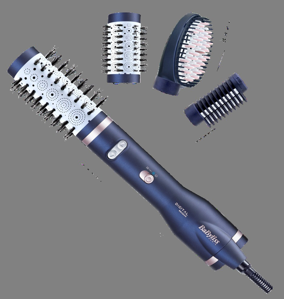 Blaues und silbernes Haarstyling-Gerät mit austauschbaren Aufsätzen. Mehrere Bürsten.
