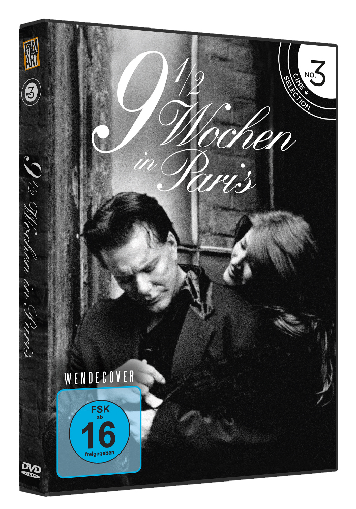 DVD-Cover: 9 1/2 Wochen in Paris. Schwarz-Weiß-Bild eines Paares, das sich umarmt. Dunkler Hintergrund.