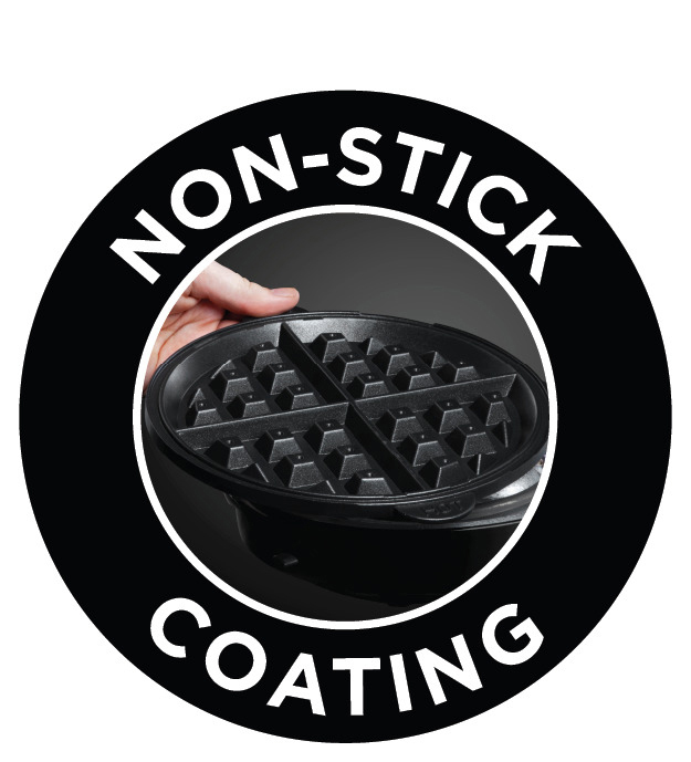 Ein schwarzes Waffeleisen mit Antihaftbeschichtung wird in einem kreisförmigen Logo gezeigt.