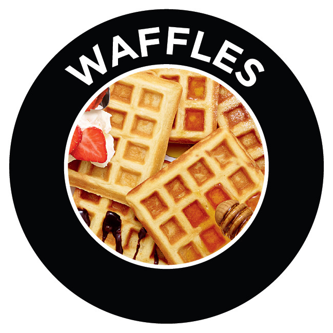 Waffeln mit Erdbeeren, Schlagsahne und Sirup in einem schwarzen Kreis mit der Aufschrift 'WAFFLES'.
