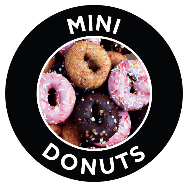 Mini-Donuts in einem schwarzen Kreis mit weißem Text 'MINI DONUTS' um den Kreis herum.