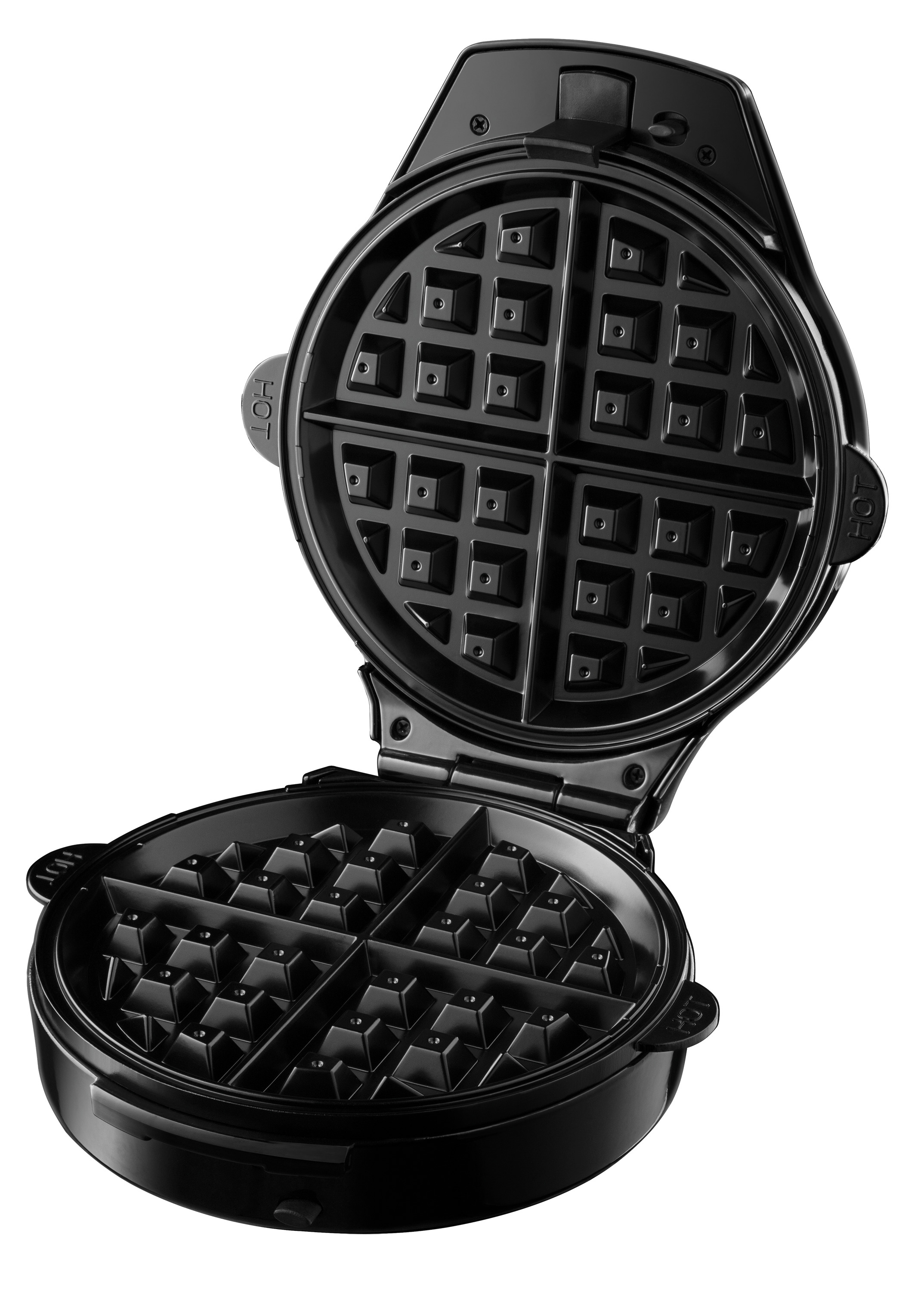 Schwarzer Waffeleisen. Ober- und Unterseite sind geöffnet und zeigen das Waffelgitter.