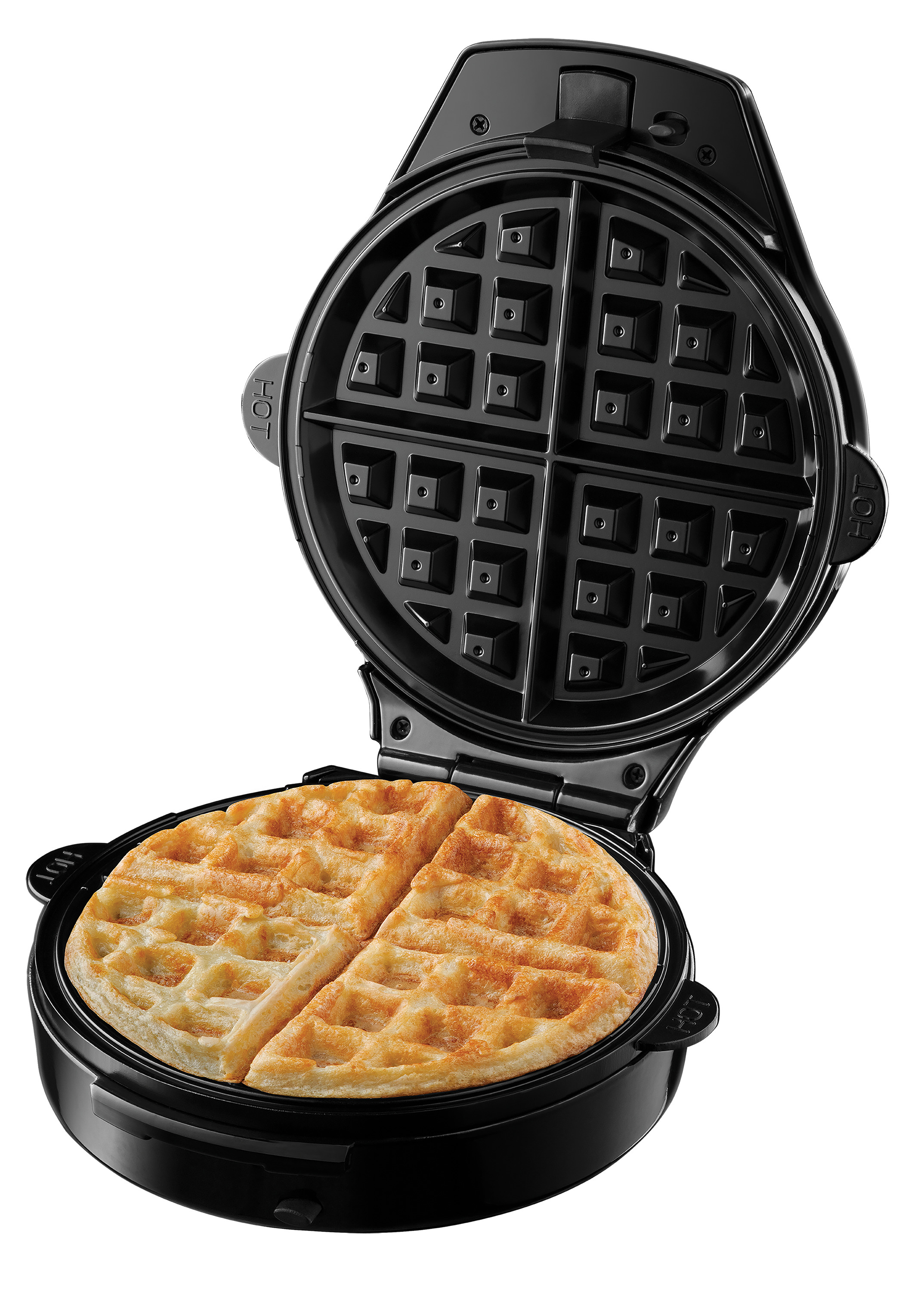 Schwarzer Waffeleisen offen, mit zwei Waffeln darin. Das Waffeleisen steht auf weißem Hintergrund.
