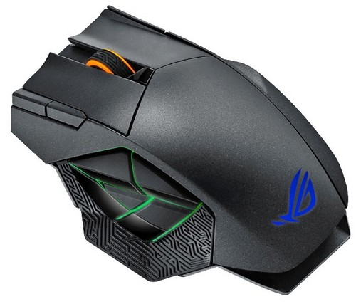Ratón gaming negro con rueda de desplazamiento naranja y detalles verdes. Logo ROG.