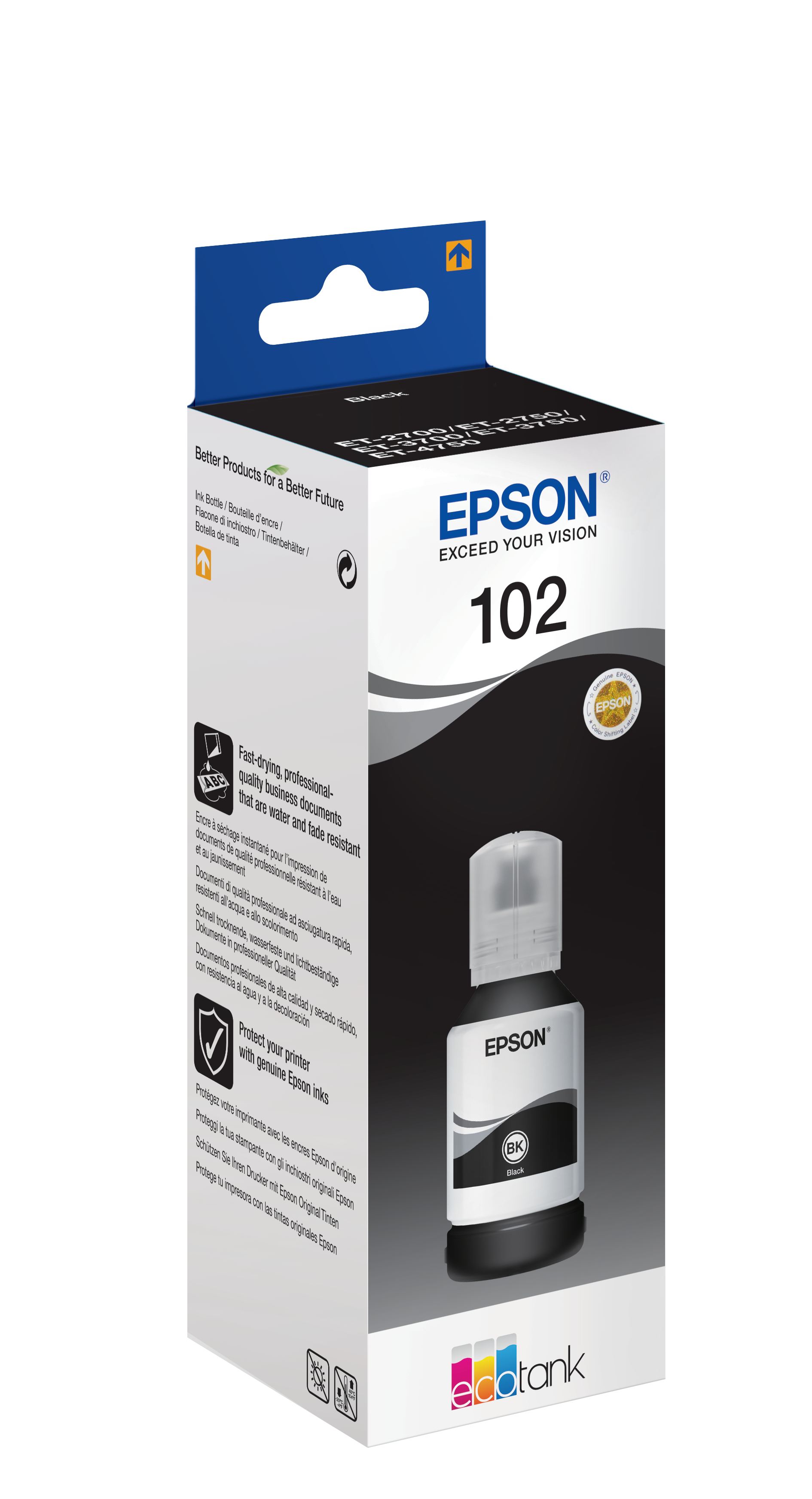Epson 102 black ink bottle, in a white box. The box has Epson logo, and ecotank label.