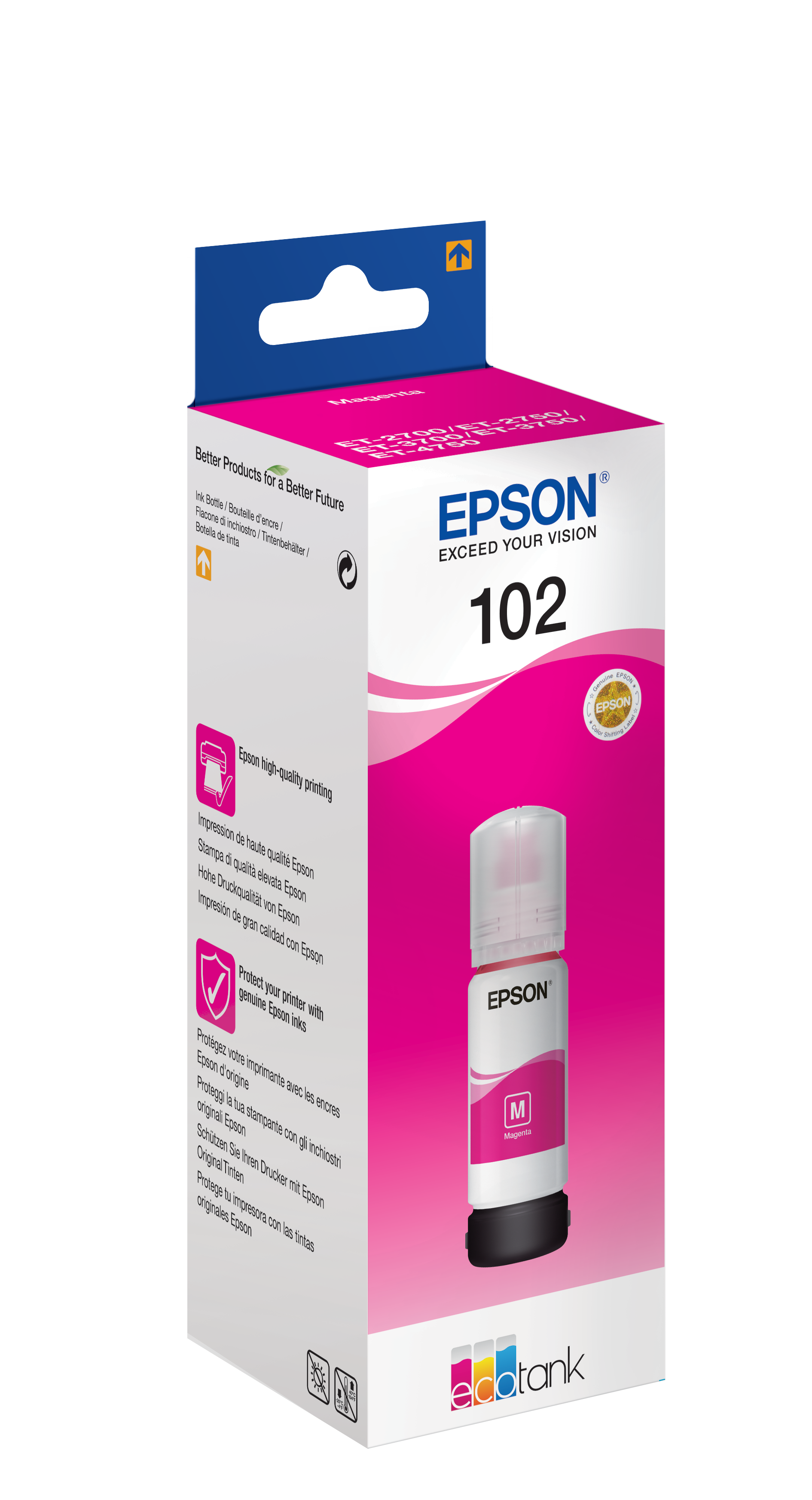 Pink Epson ink bottle inside a pink and white box. The box has text and a green sticker.
