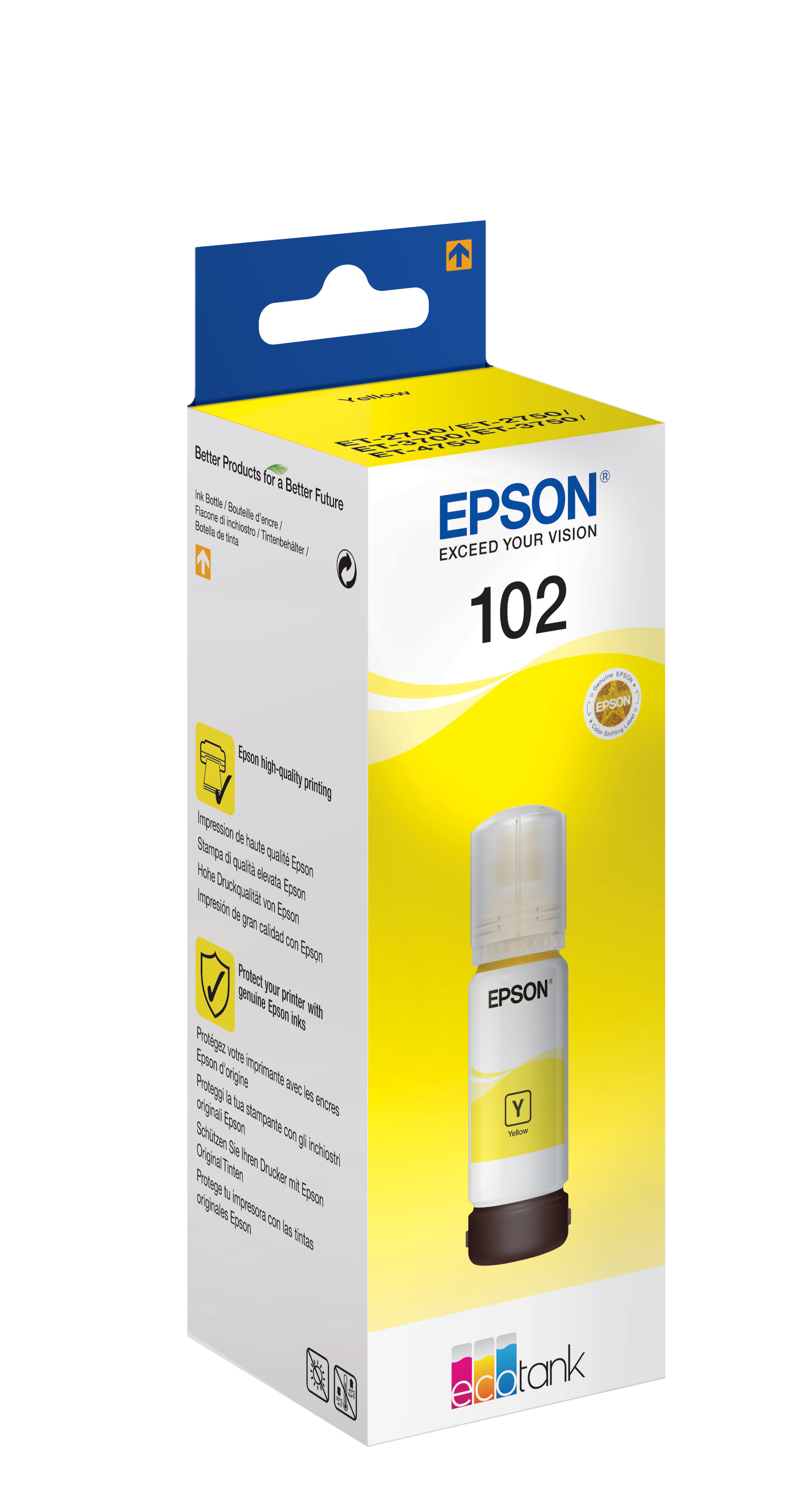 Epson 102 ink cartridge box with yellow ink bottle inside on a black background.
