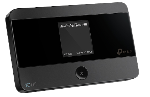 Black TP-Link 4G LTE mobile router with display showing signal and data.