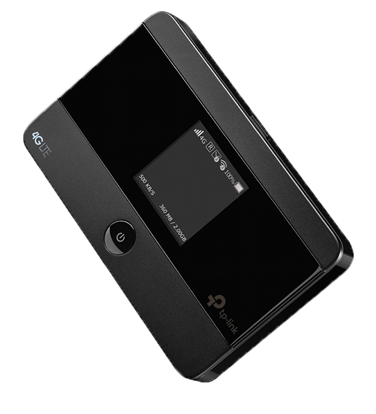A black tp-link 4G LTE mobile wi-fi router with a small display screen.