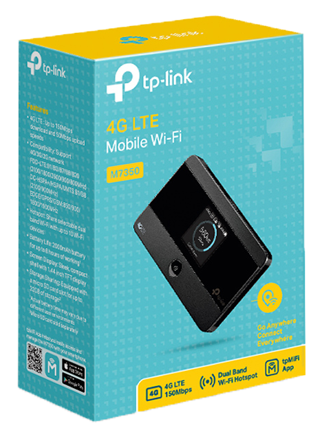 A box of 4G LTE Mobile Wi-Fi device, black device inside. Displaying features and information.