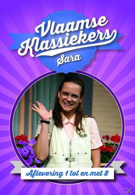 Une femme fait signe dans un cadre violet. Le texte dit 'Vlaamse Klassiekers' et 'Sara'. Palette violette et bleue.